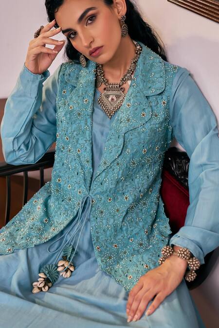 Buy_Vidushi Gupta_Blush Modal, Cotton, Silk Tassels Round Neck Blue Embroidered Kurta Pant Set _Online_at_Aza_Fashions