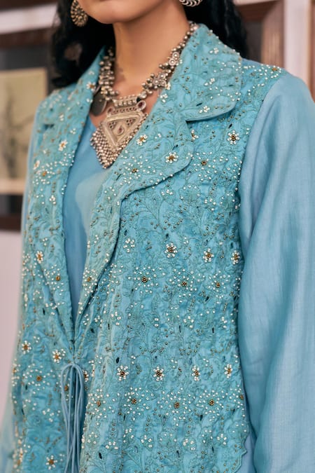 Shop_Vidushi Gupta_Blush Modal, Cotton, Silk Tassels Round Neck Blue Embroidered Kurta Pant Set _Online_at_Aza_Fashions