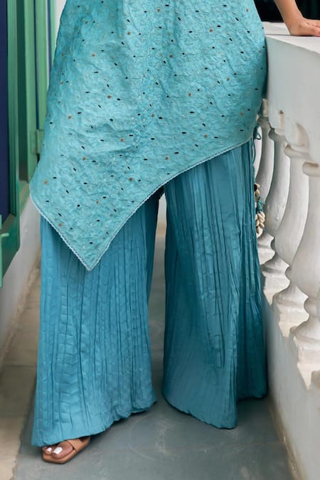 Vidushi Gupta_Blue Modal, Silk Asymmetric Blush Designer Cape And Pant Set _Online_at_Aza_Fashions