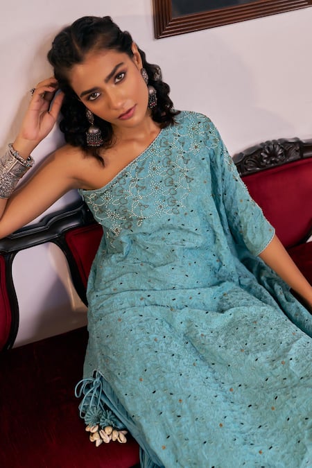 Vidushi Gupta_Blue Modal, Silk Asymmetric Blush Designer Cape And Pant Set _at_Aza_Fashions