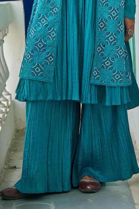 Vidushi Gupta_Teal Modal, Silk, Cotton Embroidery, Lace Round Blue Cutwork Jacket Kurta Set _Online_at_Aza_Fashions