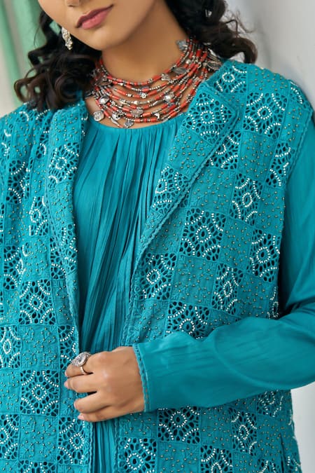 Buy_Vidushi Gupta_Teal Modal, Silk, Cotton Embroidery, Lace Round Blue Cutwork Jacket Kurta Set _Online_at_Aza_Fashions