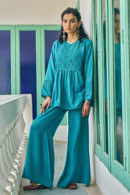 Vidushi Gupta Teal Blue Cutwork Tunic & Flared Pant Set 