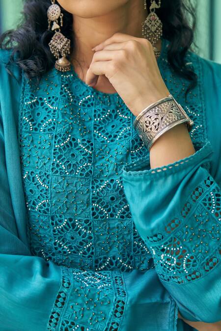 Buy_Vidushi Gupta_Teal Modal, Cotton, Silk Embroidery Round Blue Cutwork Tunic And Flared Pant Set _Online_at_Aza_Fashions