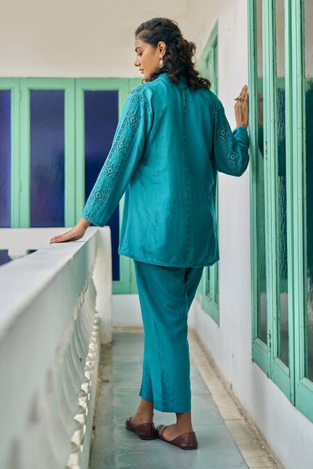 Vidushi Gupta Teal Blue Designer Jacket & Pant Set 