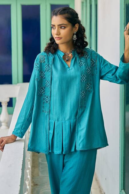Buy_Vidushi Gupta_Teal Modal, Cotton, Silk Cut Work, Lace Round Blue Designer Jacket And Pant Set _Online_at_Aza_Fashions