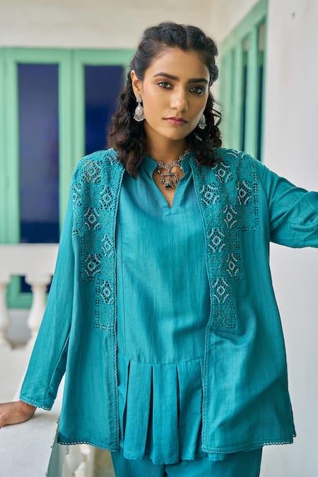 Shop_Vidushi Gupta_Teal Modal, Cotton, Silk Cut Work, Lace Round Blue Designer Jacket And Pant Set _Online_at_Aza_Fashions