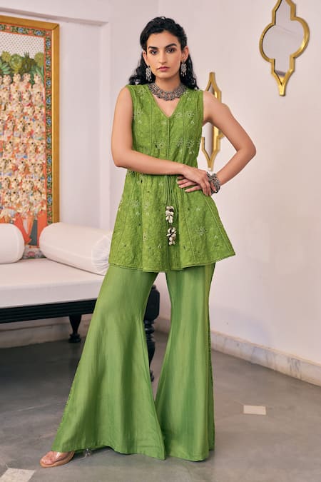 Vidushi Gupta Green Modal, Silk Embroidery V-neck Pea Kurta And Flared Pant Set