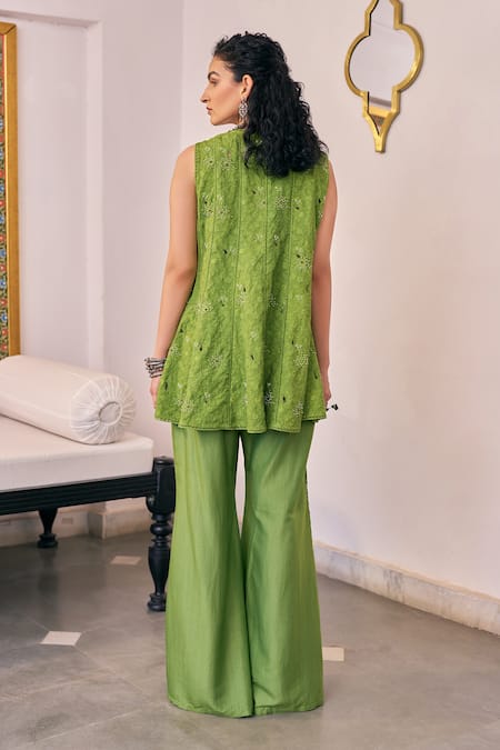 Vidushi Gupta Pea Green Embroidered Kurta & Flared Pant Set 