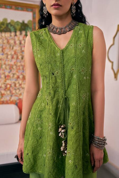 Buy_Vidushi Gupta_Green Modal, Silk Embroidery V-neck Pea Kurta And Flared Pant Set _Online_at_Aza_Fashions