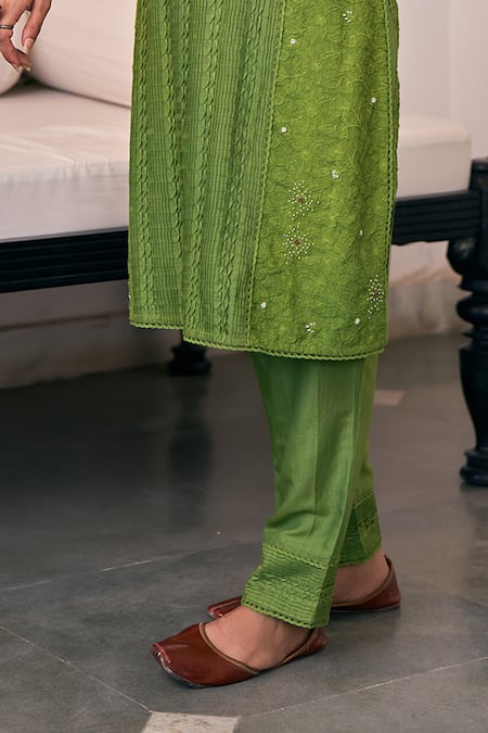 Vidushi Gupta_Green Modal, Silk, Cotton Tassels V-neck Pearl Embroidered Kurta And Pant Set _Online_at_Aza_Fashions