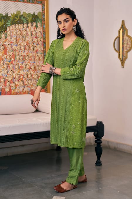 Buy_Vidushi Gupta_Green Modal, Silk, Cotton Tassels V-neck Pearl Embroidered Kurta And Pant Set _Online_at_Aza_Fashions