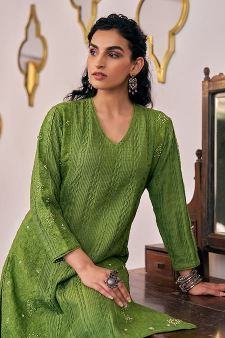 Shop_Vidushi Gupta_Green Modal, Silk, Cotton Tassels V-neck Pearl Embroidered Kurta And Pant Set _Online_at_Aza_Fashions