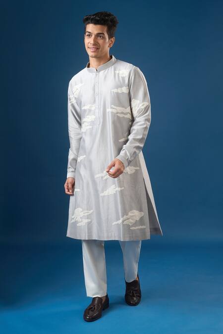 Shop_Countrymade_Silver Embroidery Abstract Cloud Kurta Set _Online_at_Aza_Fashions