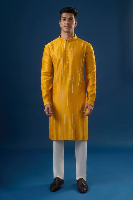 Shop_Countrymade_Yellow Embroidery Mustard Vertical Line Kurta Set_Online_at_Aza_Fashions
