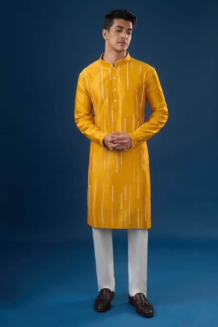 Countrymade Yellow Embroidery Mustard Vertical Line Kurta Set