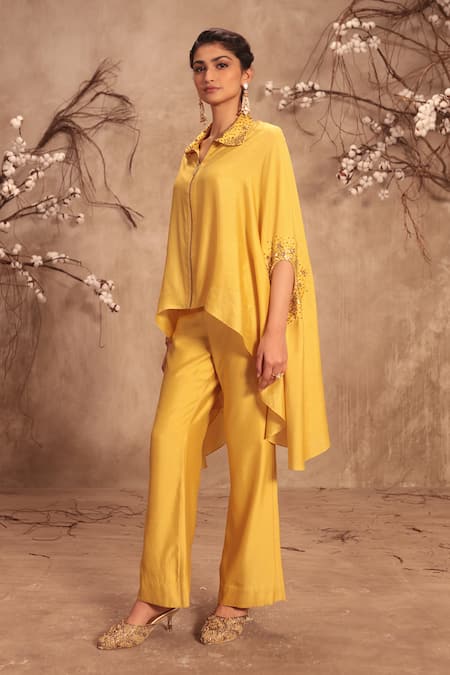 Label Niti Bothra_Yellow Silk Collared Placement Embroidered Cape With Pant _Online_at_Aza_Fashions