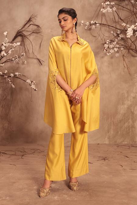Buy_Label Niti Bothra_Yellow Silk Collared Placement Embroidered Cape With Pant _Online_at_Aza_Fashions