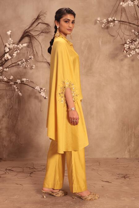 Shop_Label Niti Bothra_Yellow Silk Collared Placement Embroidered Cape With Pant _Online_at_Aza_Fashions
