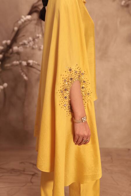 Label Niti Bothra_Yellow Silk Collared Placement Embroidered Cape With Pant _at_Aza_Fashions