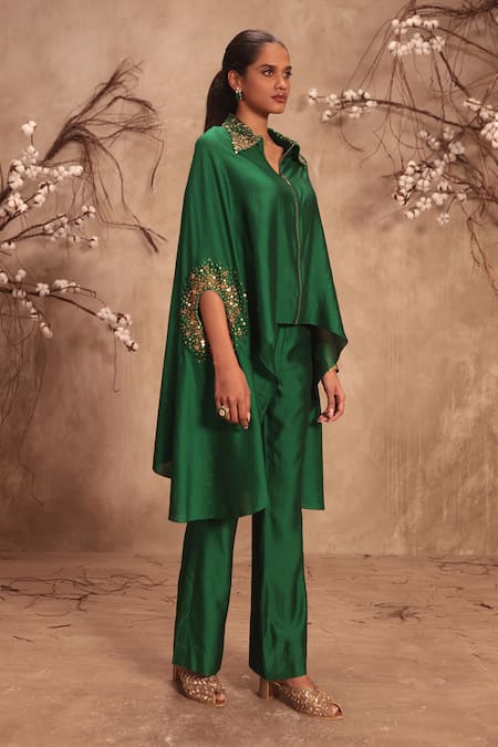 Label Niti Bothra_Green Silk Collared Placement Embroidered Cape With Pant _Online_at_Aza_Fashions
