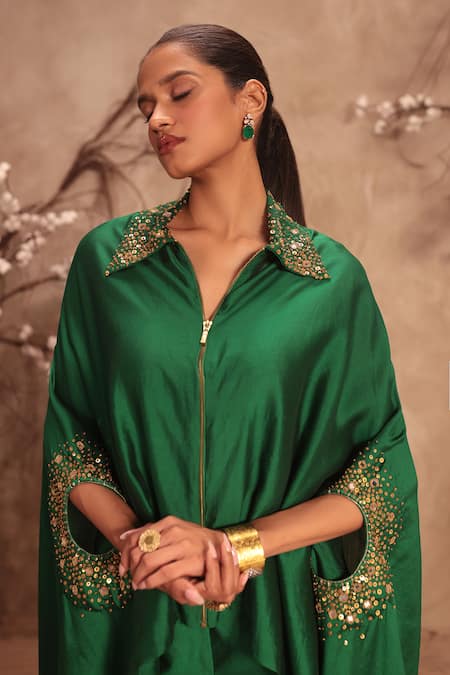Buy_Label Niti Bothra_Green Silk Collared Placement Embroidered Cape With Pant _Online_at_Aza_Fashions