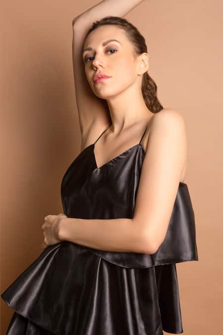 Emblaze_Black Satin V-neck Tiered Dress _Online_at_Aza_Fashions