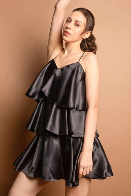 Shop_Emblaze_Black Satin V-neck Tiered Dress _Online_at_Aza_Fashions