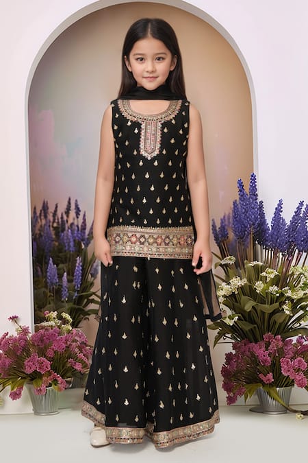 Buy_Petite Pomme_Black Polyester Sequins, Embroidery Kurta Set_Online_at_Aza_Fashions