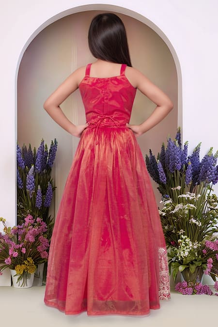 Petite Pomme_Red Tissue Sequins, Embroidery Tomato Lehenga Set_Online_at_Aza_Fashions