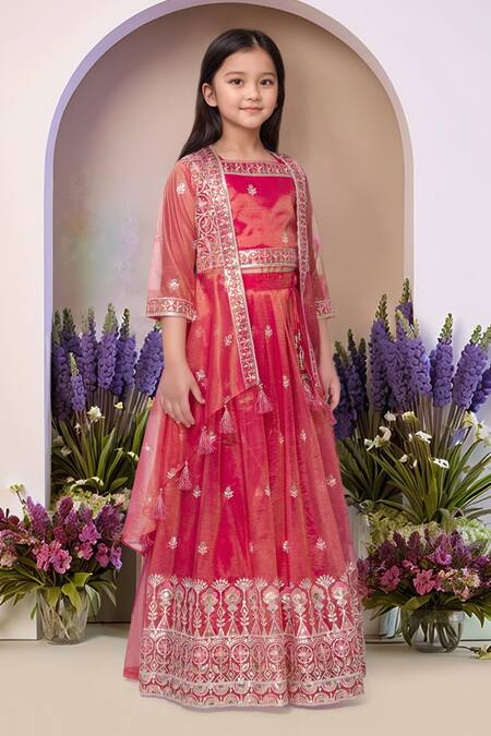 Shop_Petite Pomme_Red Tissue Sequins, Embroidery Tomato Lehenga Set_Online_at_Aza_Fashions