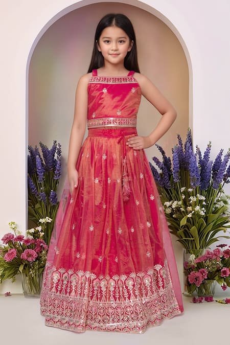 Petite Pomme_Red Tissue Sequins, Embroidery Tomato Lehenga Set_at_Aza_Fashions