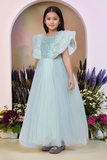 Buy_Petite Pomme_Green Net Designer Shimmer Gown_Online_at_Aza_Fashions