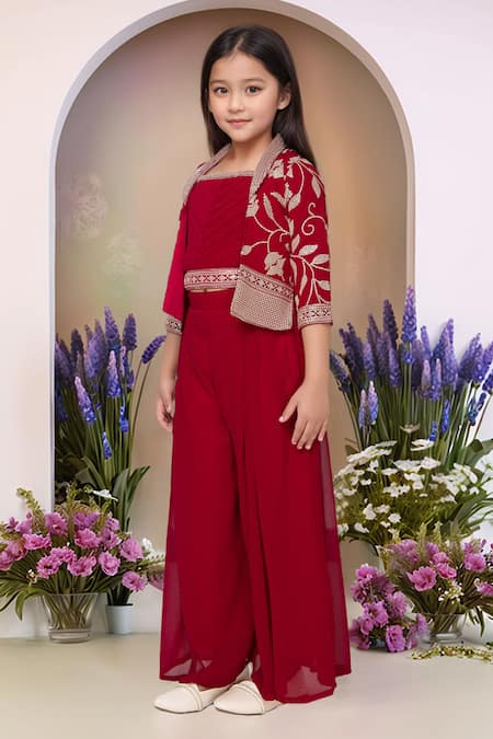Shop_Petite Pomme_Rose Gold Georgette Embroidery Rani Pink Jacket Palazzo Set_Online_at_Aza_Fashions