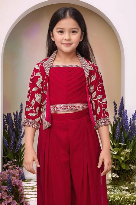 Petite Pomme_Rose Gold Georgette Embroidery Rani Pink Jacket Palazzo Set_at_Aza_Fashions