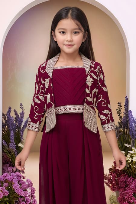 Petite Pomme_Wine Georgette Embroidery Set_at_Aza_Fashions