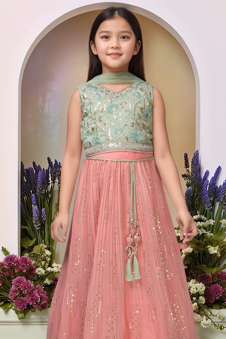 Petite Pomme Green Georgette, Net Sequins, Mirrors Pista Embroidered Lehenga Set Online at Aza Fashions Petite Pomme_Green Georgette, Net Sequins, Mirrors Pista Embroidered Lehenga Set_Online_at_Aza_Fashions