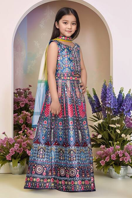 Petite Pomme_Blue Polyester, Net Mirrors, Embroidery Printed Lehenga Set With Dupatta_Online_at_Aza_Fashions