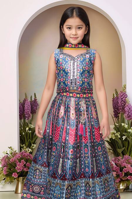 Buy_Petite Pomme_Blue Polyester, Net Mirrors, Embroidery Printed Lehenga Set With Dupatta_Online_at_Aza_Fashions