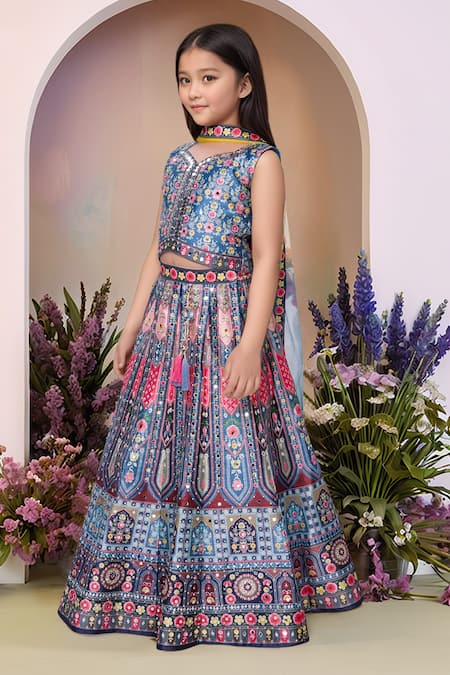 Shop_Petite Pomme_Blue Polyester, Net Mirrors, Embroidery Printed Lehenga Set With Dupatta_Online_at_Aza_Fashions