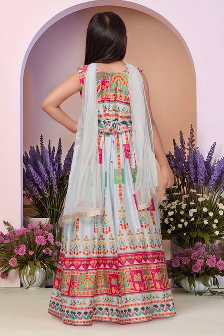 Shop Petite Pomme Sky Blue Georgette, Net Mirrors Printed Lehenga Set at Aza Fashions Shop_Petite Pomme_Sky Blue Georgette, Net Mirrors Printed Lehenga Set_at_Aza_Fashions