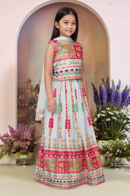 Petite Pomme Sky Blue Georgette, Net Mirrors Printed Lehenga Set Online at Aza Fashions Petite Pomme_Sky Blue Georgette, Net Mirrors Printed Lehenga Set_Online_at_Aza_Fashions