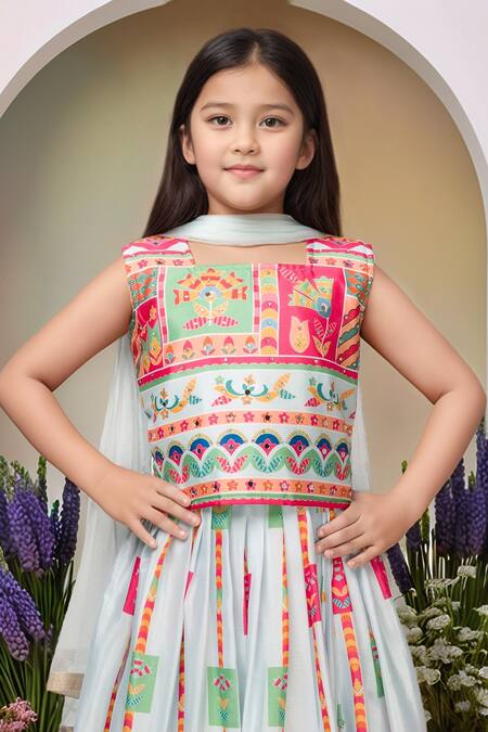 Buy Petite Pomme Sky Blue Georgette, Net Mirrors Printed Lehenga Set Online at Aza Fashions Buy_Petite Pomme_Sky Blue Georgette, Net Mirrors Printed Lehenga Set_Online_at_Aza_Fashions