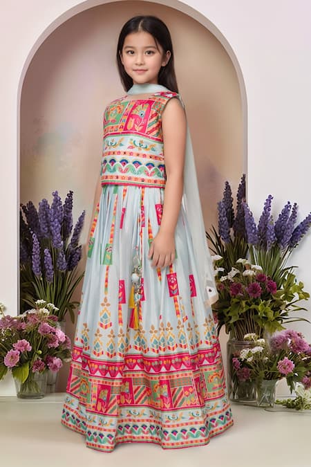Shop Petite Pomme Sky Blue Georgette, Net Mirrors Printed Lehenga Set Online at Aza Fashions Shop_Petite Pomme_Sky Blue Georgette, Net Mirrors Printed Lehenga Set_Online_at_Aza_Fashions