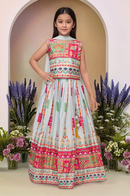 Petite Pomme Sky Blue Georgette, Net Mirrors Printed Lehenga Set 