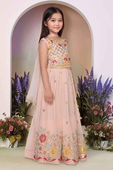 Petite Pomme Peach Georgette, Net Sequins, Embroidery Lehenga Set Online at Aza Fashions Petite Pomme_Peach Georgette, Net Sequins, Embroidery Lehenga Set_Online_at_Aza_Fashions