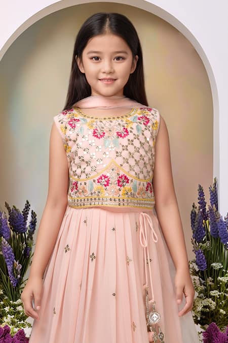 Buy Petite Pomme Peach Georgette, Net Sequins, Embroidery Lehenga Set Online at Aza Fashions Buy_Petite Pomme_Peach Georgette, Net Sequins, Embroidery Lehenga Set_Online_at_Aza_Fashions