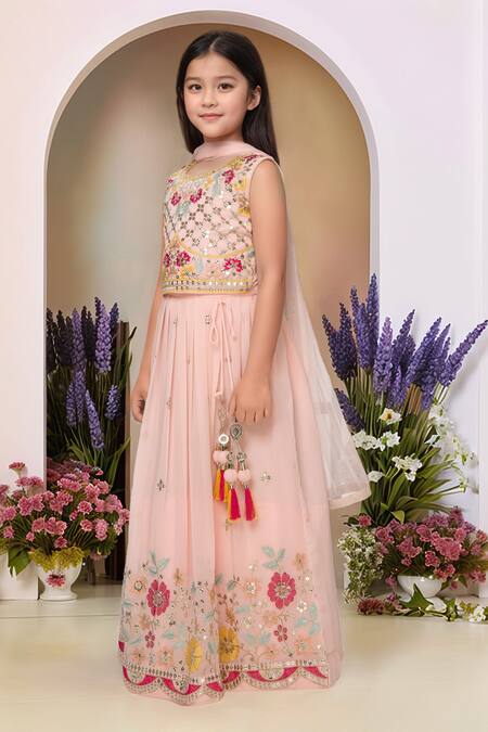 Shop Petite Pomme Peach Georgette, Net Sequins, Embroidery Lehenga Set Online at Aza Fashions Shop_Petite Pomme_Peach Georgette, Net Sequins, Embroidery Lehenga Set_Online_at_Aza_Fashions