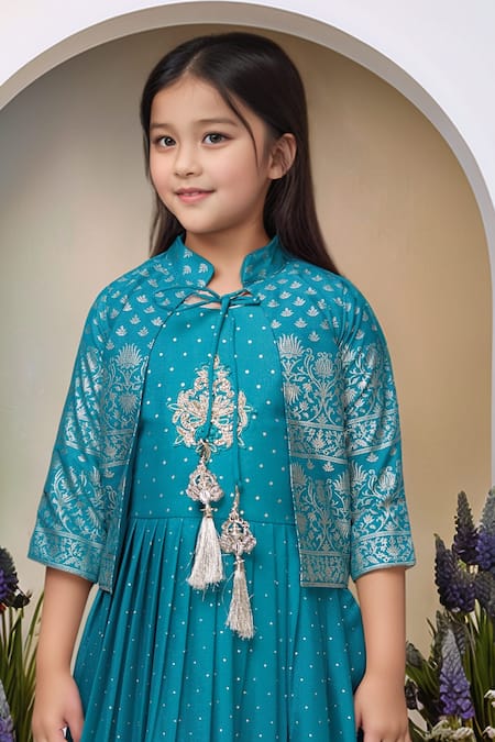 Petite Pomme_Blue Satin, Polyester Tassels Printed Gown And Jacket Set_Online_at_Aza_Fashions