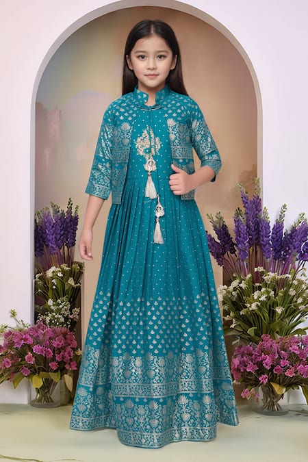 Petite Pomme Blue Satin, Polyester Tassels Printed Gown And Jacket Set 